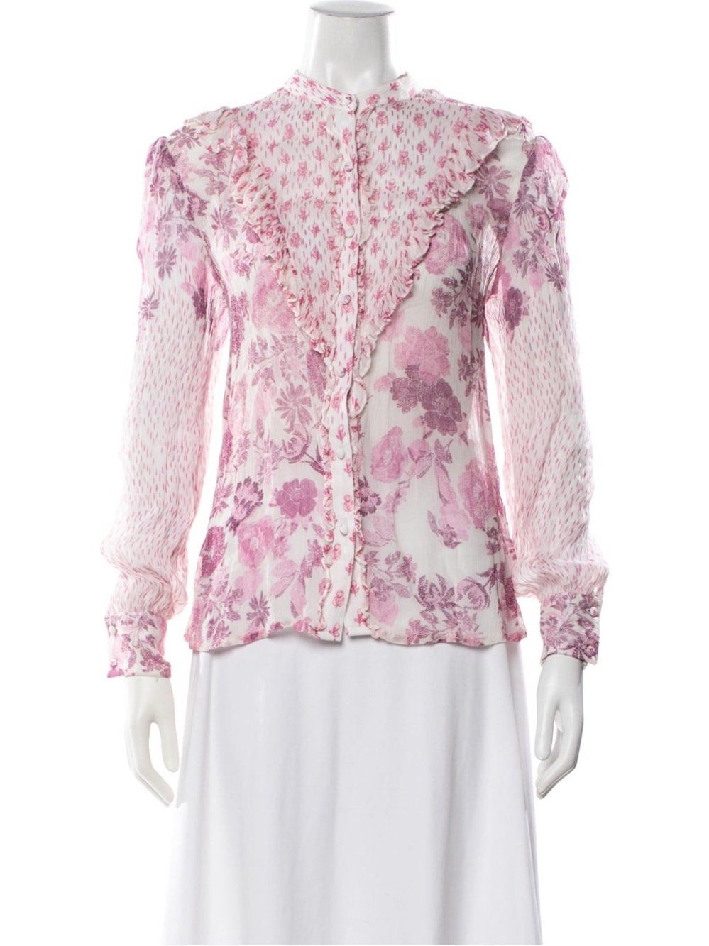 HEMANT & NANDITA Purple/Pink Floral Ruffle-Trim Sheer Blouse - 80% OFF MSRP!!!